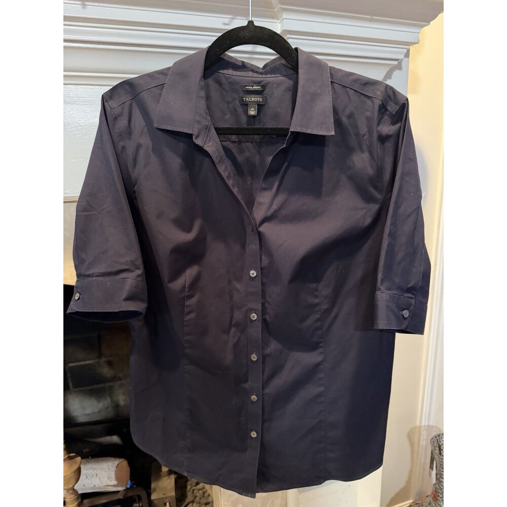 Talbots Wrinkle Resistant Short Sleeve Button Front Black Top Size 14 - Picture 1 of 3